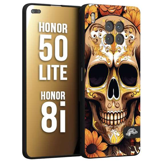 CUSTOMIZZA - Custodia cover nera morbida in tpu compatibile per Honor 8i - Honor 50 LITE teschio messicano colorato dorato fiori tattoo disegnato
