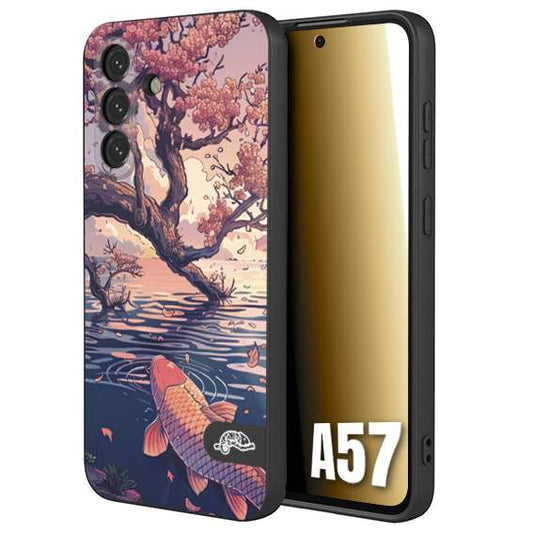 CUSTOMIZZA - Custodia cover nera morbida in tpu compatibile per Samsung A57 giapponese lago carpa koi rosa con foglie d'acero disegnata tattoo