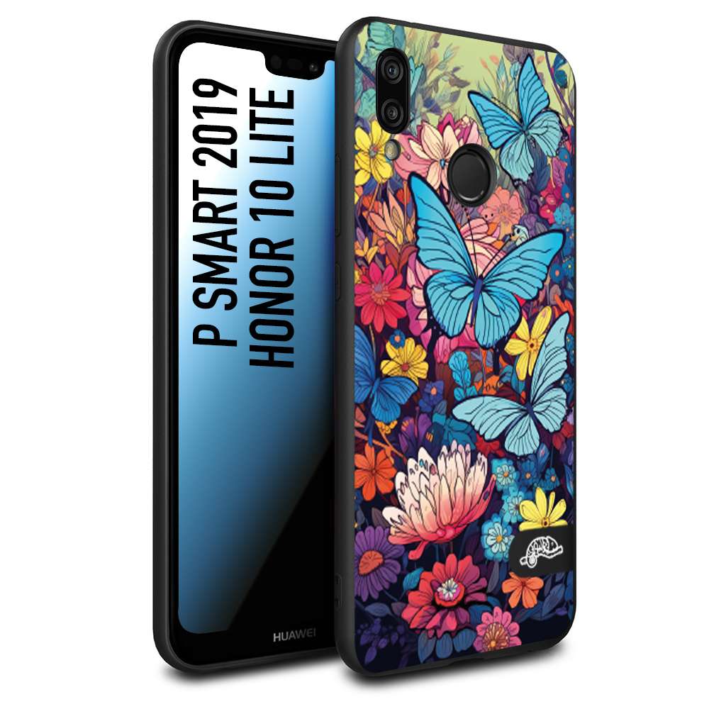 CUSTOMIZZA - Custodia cover nera morbida in tpu compatibile per Huawei P Smart 2019 farfalle butterfly moderno donna disegnate gialla blu rosa