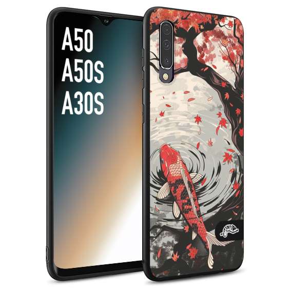 CUSTOMIZZA - Custodia cover nera morbida in tpu compatibile per Samsung A50 - A50S - A30S giapponese lago carpa koi rossa con foglie d'acero rosso disegnata tattoo