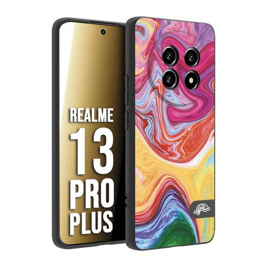 CUSTOMIZZA - Custodia cover nera morbida in tpu compatibile per Realme 13 PRO PLUS colorata fantasia vortice marmo onde verde fucsia gialla