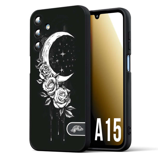 CUSTOMIZZA - Custodia cover nera morbida in tpu compatibile per Samsung A15 5G luna e fiori moon flowers black and white bianco a rilievo disegnato tattoo tatuaggio