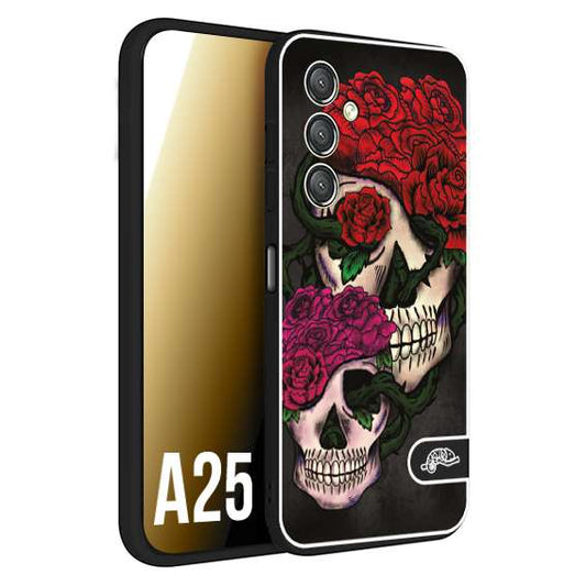 CUSTOMIZZA - Custodia cover nera morbida in tpu compatibile per Samsung A25 teschi e rose rosse fucsia skull and roses