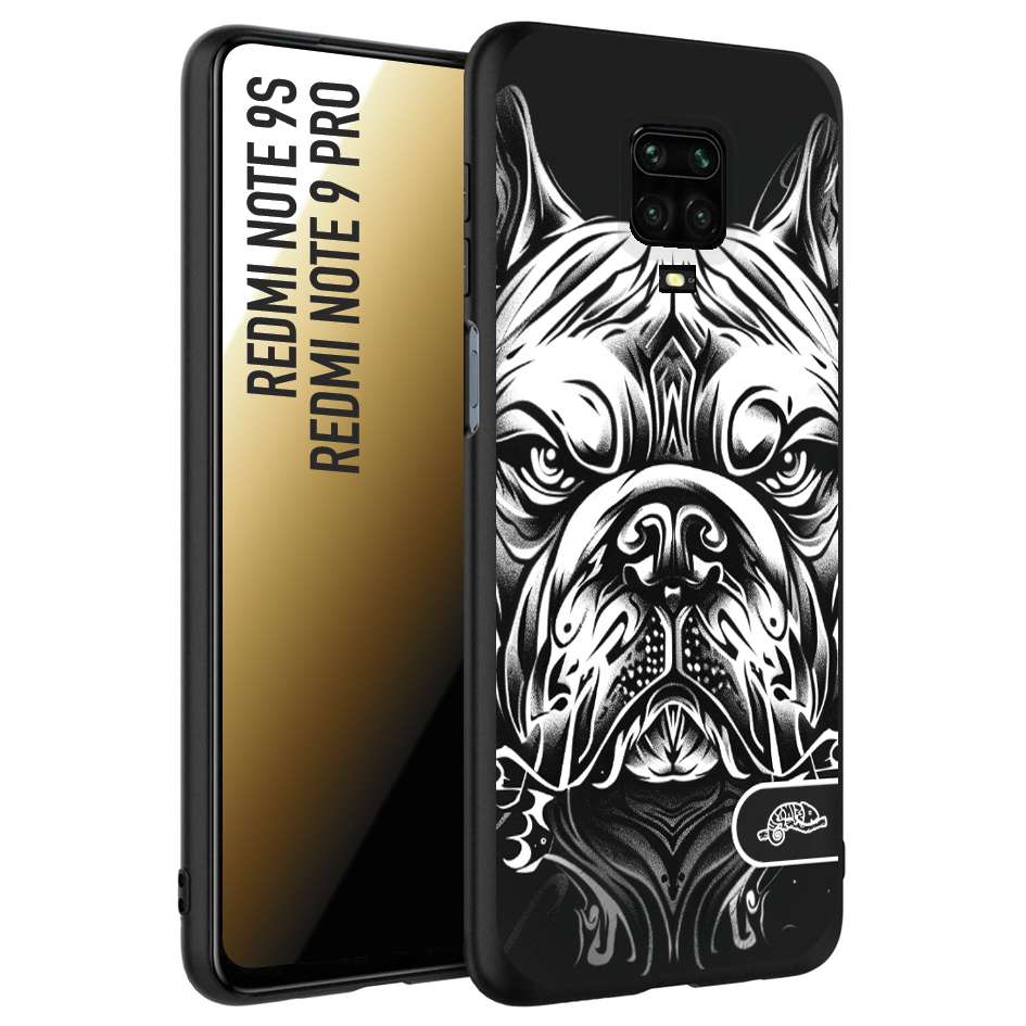 CUSTOMIZZA - Custodia cover nera morbida in tpu compatibile per Xiaomi Redmi Note 9S - Note 9 PRO bulldog bianco a rilievo disegnato tattoo tatuaggio