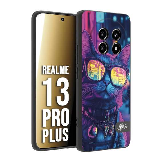 CUSTOMIZZA - Custodia cover nera morbida in tpu compatibile per Realme 13 PRO PLUS animali cyberpunk gatto street cat fucsia blu giallo