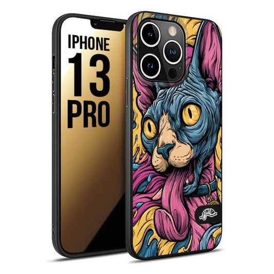 CUSTOMIZZA - Custodia cover nera morbida in tpu compatibile per iPhone 13 PRO Sphynx Colorato Pop Art Psichedelico Gatto Blu Rosa Giallo Artistica Fantasy