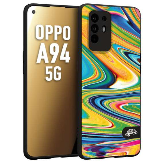 CUSTOMIZZA - Custodia cover nera morbida in tpu compatibile per Oppo A94 5G colorata fantasia vortice marmo arcobaleno gialla verde blu