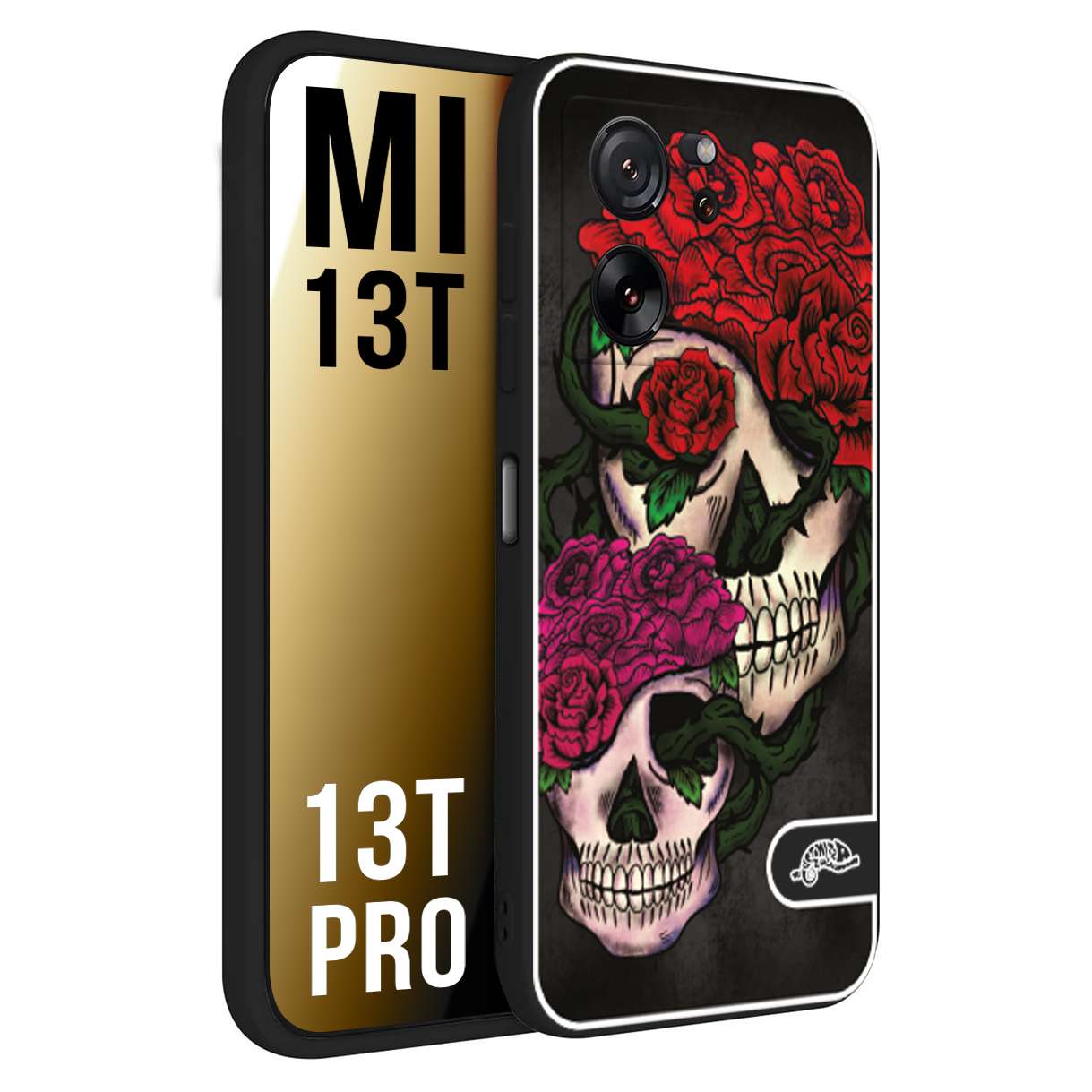 CUSTOMIZZA - Custodia cover nera morbida in tpu compatibile per Xiaomi 13T - 13T PRO teschi e rose rosse fucsia skull and roses