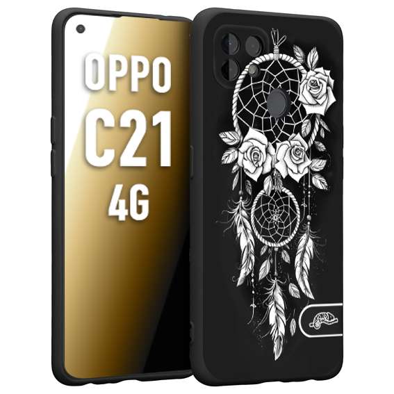 CUSTOMIZZA - Custodia cover nera morbida in tpu compatibile per Oppo Realme C21 4G acchiappasogni dreamcatcher black and white bianco a rilievo disegnato tattoo tatuaggio