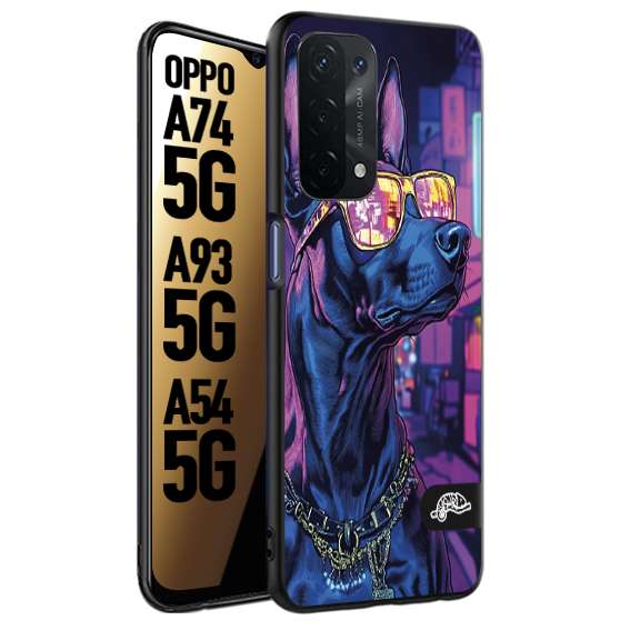 CUSTOMIZZA - Custodia cover nera morbida in tpu compatibile per Oppo A74 5G - A93 5G - A54 5G animali cyberpunk dobermann cane street dog fucsia blu night