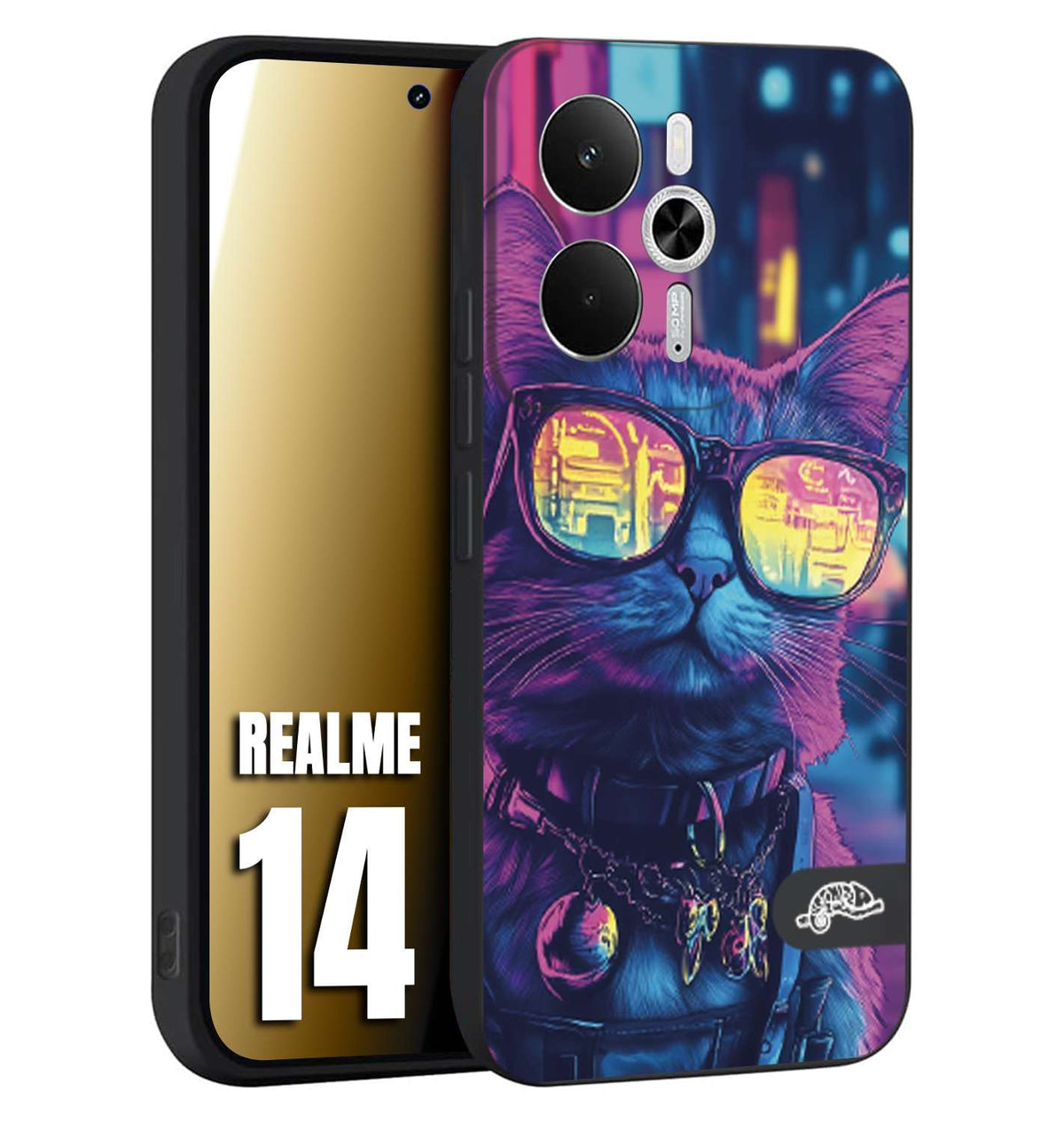 CUSTOMIZZA - Custodia cover nera morbida in tpu compatibile per Realme 14 5G animali cyberpunk gatto street cat fucsia blu giallo