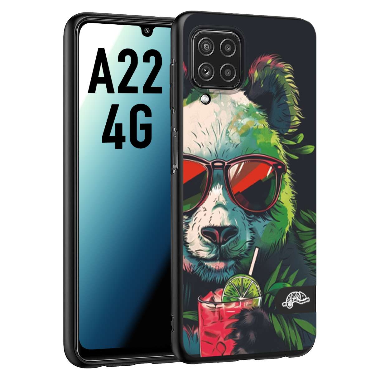 CUSTOMIZZA - Custodia cover nera morbida in tpu compatibile per Samsung A22 4G estate disegnata cocktails animali simpatici panda mojito