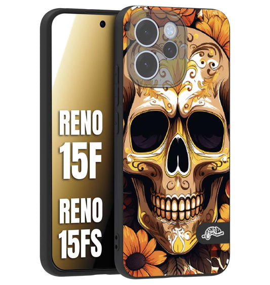 CUSTOMIZZA - Custodia cover nera morbida in tpu compatibile per Oppo Reno 15 F - Reno 15 FS teschio messicano colorato dorato fiori tattoo disegnato