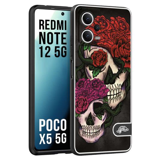 CUSTOMIZZA - Custodia cover nera morbida in tpu compatibile per Xiaomi Redmi Note 12 5G - POCO X5 5G teschi e rose rosse fucsia skull and roses