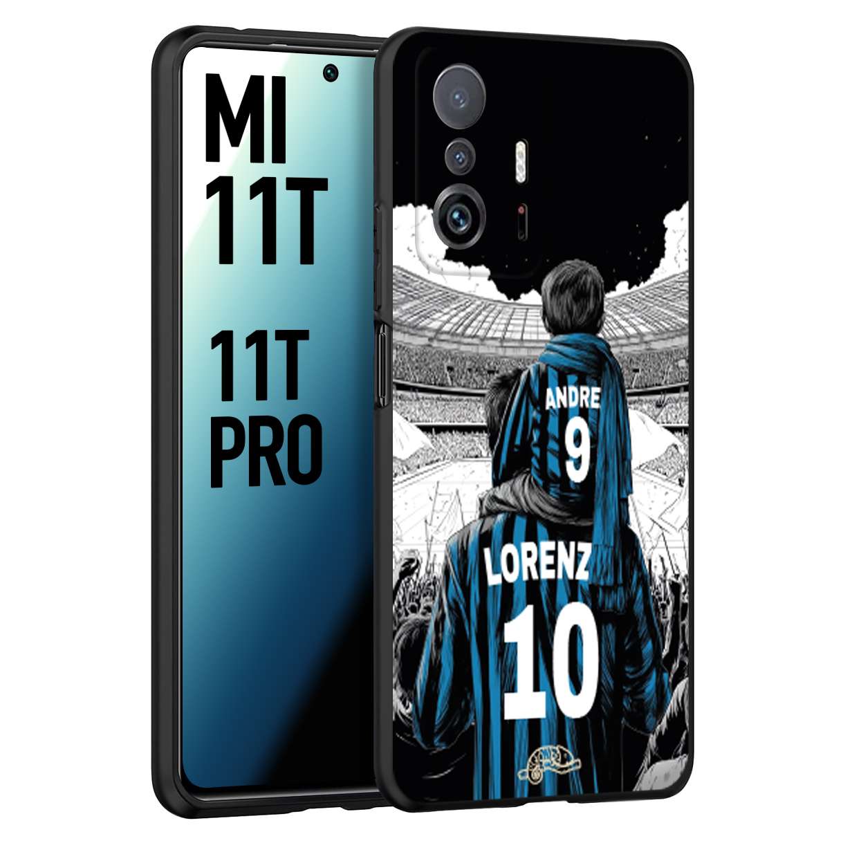 CUSTOMIZZA - Custodia cover nera morbida in tpu compatibile per Xiaomi Mi 11T - Mi 11T PRO personalizzata calcio football padre e figlio calciatori nerazzurra