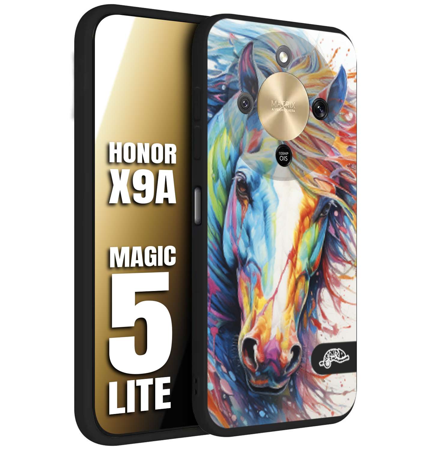 CUSTOMIZZA - Custodia cover nera morbida in tpu compatibile per Honor X9A - Honor Magic 5 Lite animali color cavallo horse viso colori vibranti disegnato schizzo