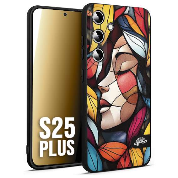 CUSTOMIZZA - Custodia cover nera morbida in tpu compatibile per Samsung S25 PLUS Vetrata artistica volto di donna profilo fogliare mosaico di vetro colorato