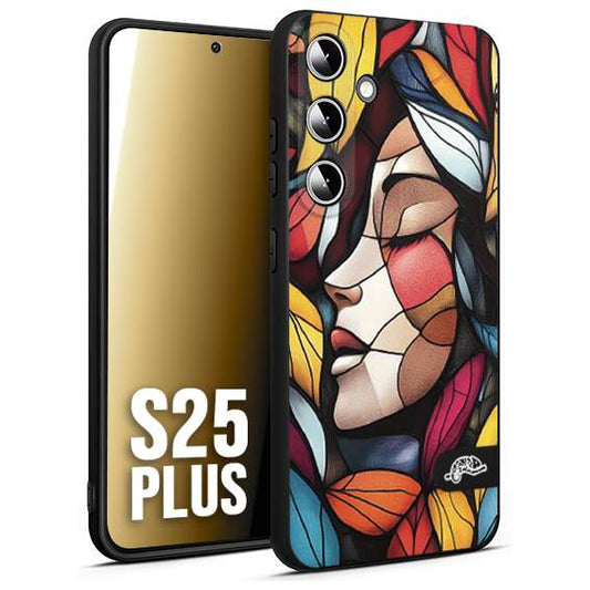 CUSTOMIZZA - Custodia cover nera morbida in tpu compatibile per Samsung S25 PLUS Vetrata artistica volto di donna profilo fogliare mosaico di vetro colorato