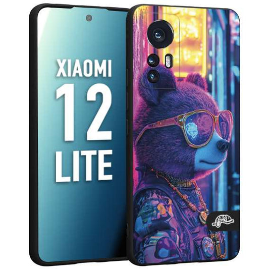 CUSTOMIZZA - Custodia cover nera morbida in tpu compatibile per Xiaomi 12 LITE animali cyberpunk orsetto orso street bear fucsia blu night