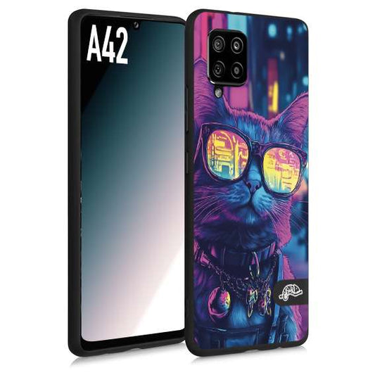 CUSTOMIZZA - Custodia cover nera morbida in tpu compatibile per Samsung A42 animali cyberpunk gatto street cat fucsia blu giallo