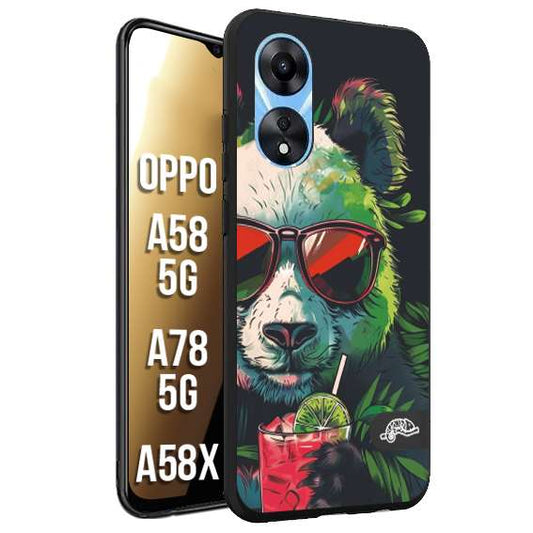 CUSTOMIZZA - Custodia cover nera morbida in tpu compatibile per Oppo A58 5G - A78 5G - A58X estate disegnata cocktails animali simpatici panda mojito