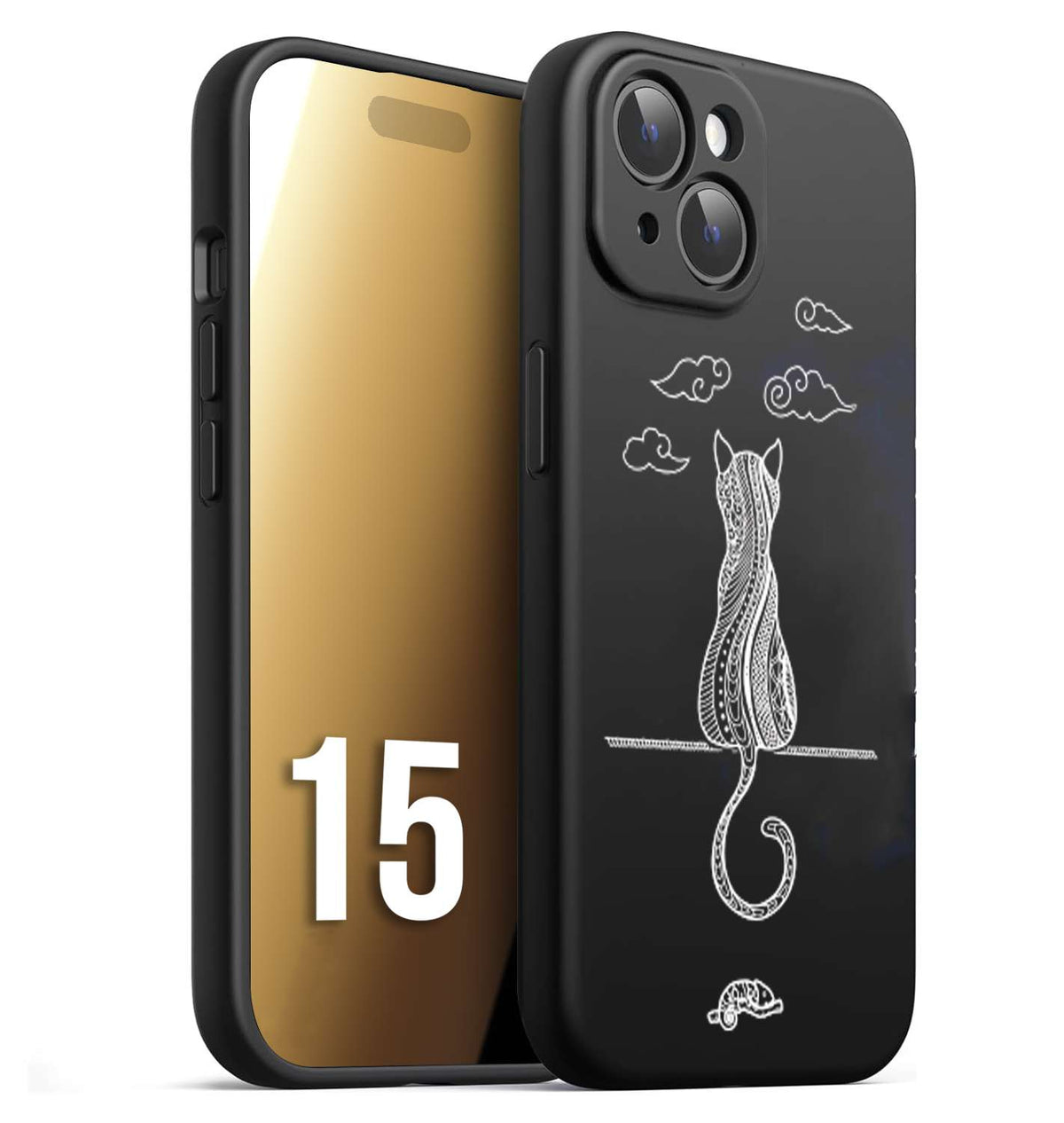 CUSTOMIZZA - Custodia cover nera morbida in tpu compatibile per iPhone 15 gatto mandala stilizzato gattino a rilievo soft touch donna bianca