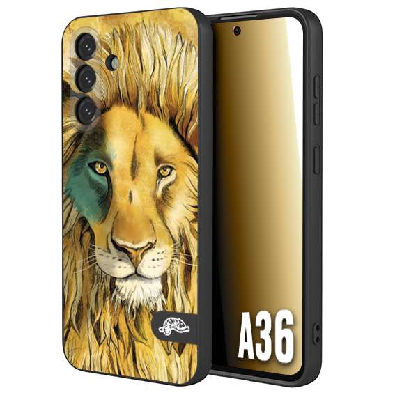 CUSTOMIZZA - Custodia cover nera morbida in tpu compatibile per Samsung A36 leone lion disegnato a mano giallo blu a rilievo artistico brown