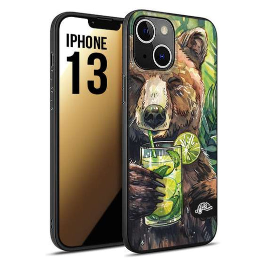 CUSTOMIZZA - Custodia cover nera morbida in tpu compatibile per iPhone 13 estate disegnata cocktails animali simpatici orso bear negroni