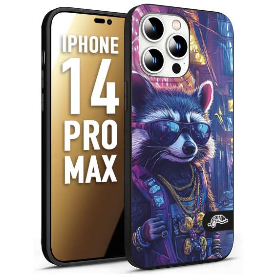CUSTOMIZZA - Custodia cover nera morbida in tpu compatibile per iPhone 14 PRO MAX animali simpatici cyberpunk procione racoon street cat fucsia blu giallo