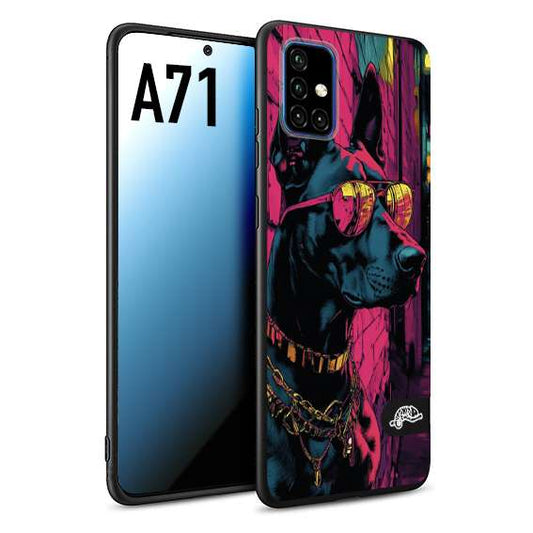 CUSTOMIZZA - Custodia cover nera morbida in tpu compatibile per Samsung A71 animali cyberpunk dobermann cane street dog fucsia blu