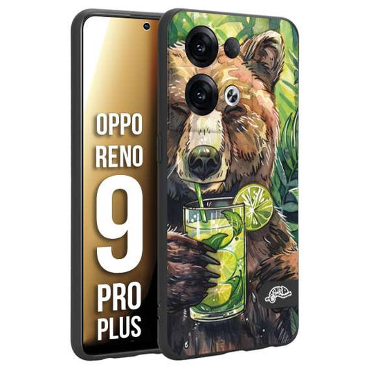 CUSTOMIZZA - Custodia cover nera morbida in tpu compatibile per Oppo Reno 9 PRO PLUS estate disegnata cocktails animali simpatici orso bear negroni