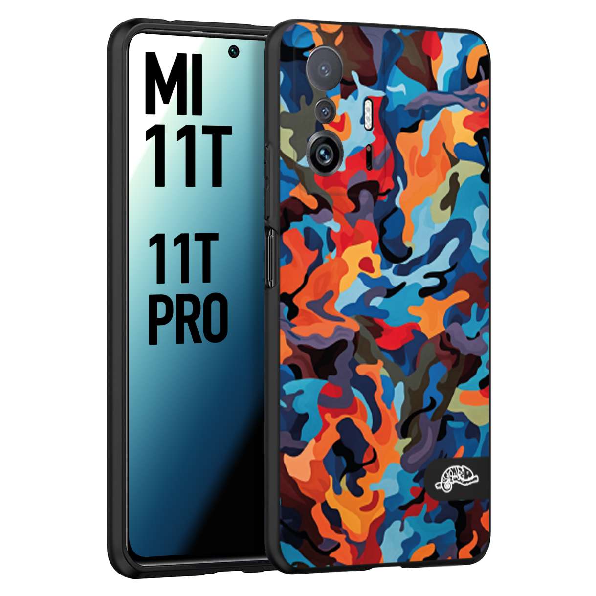 CUSTOMIZZA - Custodia cover nera morbida in tpu compatibile per Xiaomi Mi 11T - Mi 11T PRO camouflage mimetico militare moderno blu arancio rosso