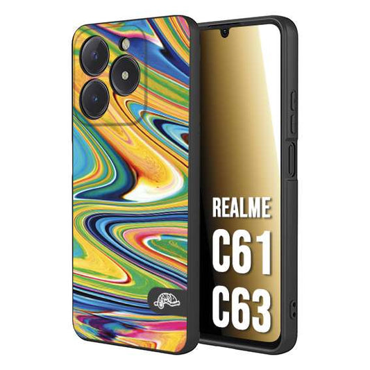 CUSTOMIZZA - Custodia cover nera morbida in tpu compatibile per Realme C61 - C63 colorata fantasia vortice marmo arcobaleno gialla verde blu