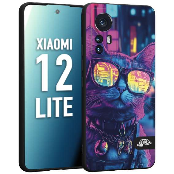 CUSTOMIZZA - Custodia cover nera morbida in tpu compatibile per Xiaomi 12 LITE animali cyberpunk gatto street cat fucsia blu giallo