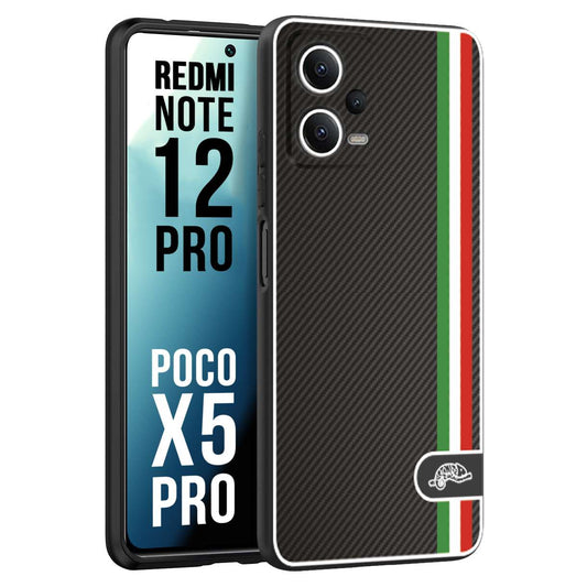 CUSTOMIZZA - Custodia cover nera morbida in tpu compatibile per Xiaomi Redmi Note 12 PRO - POCO X5 PRO effetto fibra di carbonio bandiera Italia made in Italy