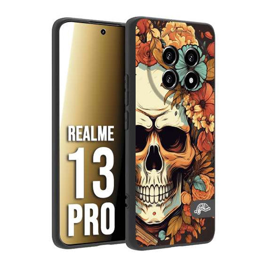 CUSTOMIZZA - Custodia cover nera morbida in tpu compatibile per Realme 13 PRO teschio skull flowers fiori autunnali arancio celeste tattoo