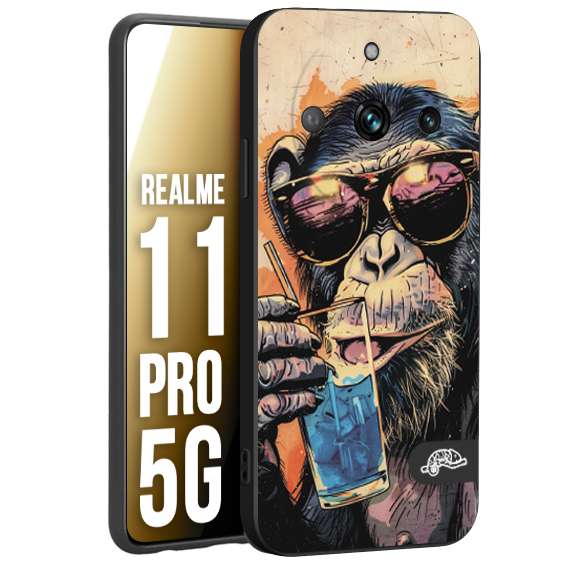 CUSTOMIZZA - Custodia cover nera morbida in tpu compatibile per Realme 11 PRO 5G estate disegnata cocktails animali simpatici scimmia monkey negroni