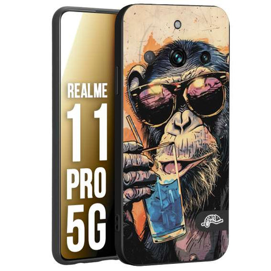 CUSTOMIZZA - Custodia cover nera morbida in tpu compatibile per Realme 11 PRO 5G estate disegnata cocktails animali simpatici scimmia monkey negroni