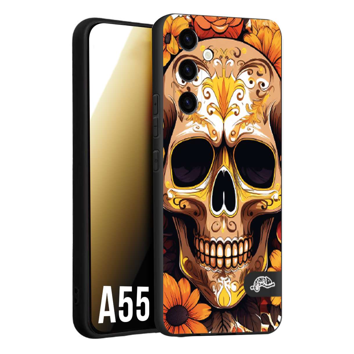 CUSTOMIZZA - Custodia cover nera morbida in tpu compatibile per Samsung A55 5G teschio messicano colorato dorato fiori tattoo disegnato