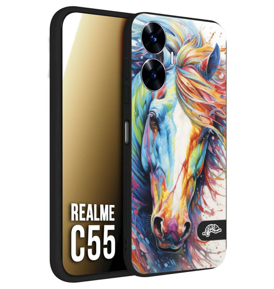 CUSTOMIZZA - Custodia cover nera morbida in tpu compatibile per Realme C55 animali color cavallo horse viso colori vibranti disegnato schizzo