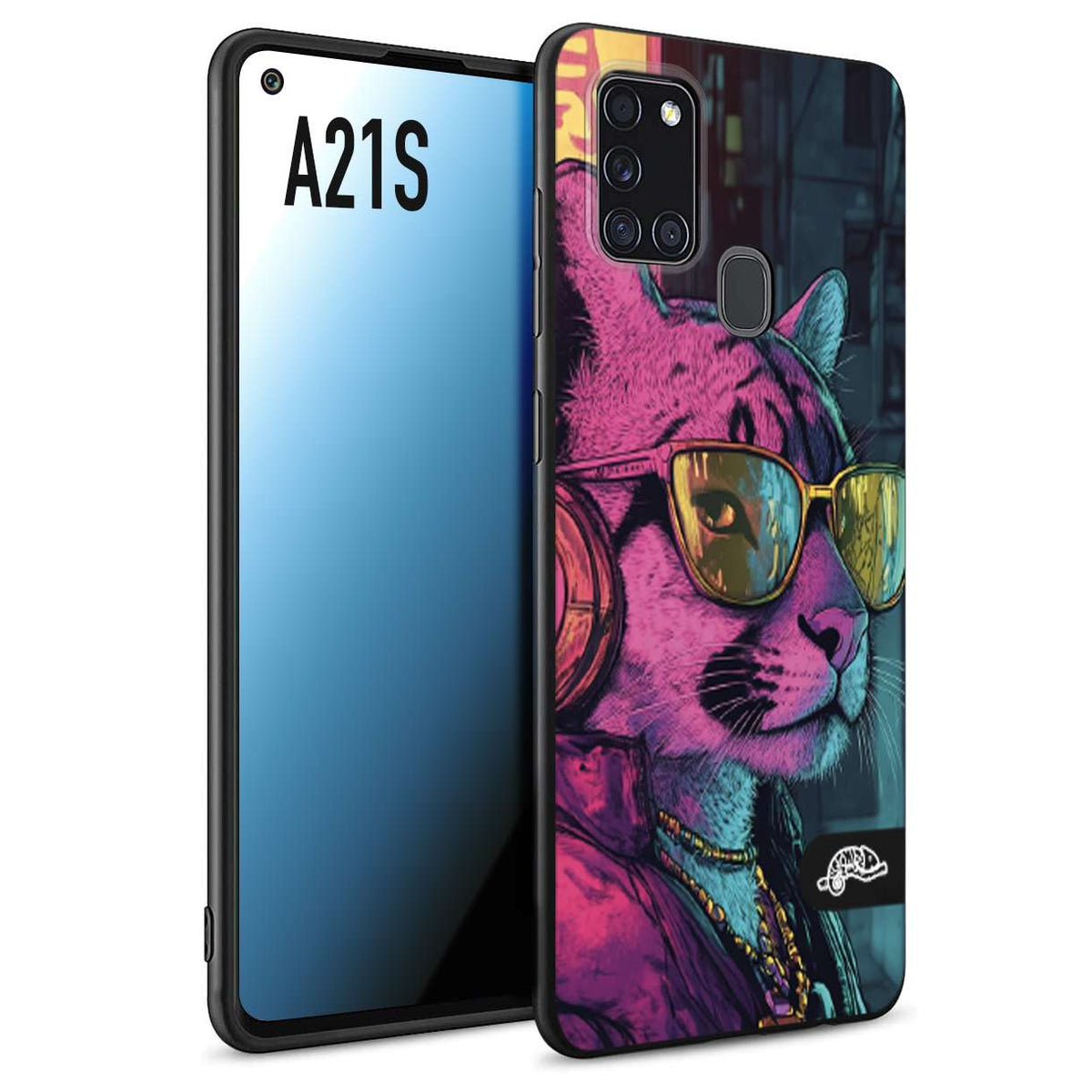 CUSTOMIZZA - Custodia cover nera morbida in tpu compatibile per Samsung A21S animali cyberpunk pantera street cat fucsia blu giallo