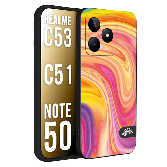 CUSTOMIZZA - Custodia cover nera morbida in tpu compatibile per Oppo Realme C53 - C51 - NOTE 50 colorata fantasia vortice marmo onde rosa fucsia gialla