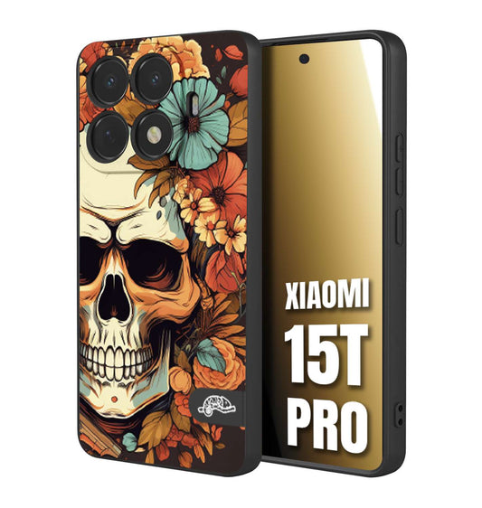 CUSTOMIZZA - Custodia cover nera morbida in tpu compatibile per Xiaomi 15T PRO teschio skull flowers fiori autunnali arancio celeste tattoo