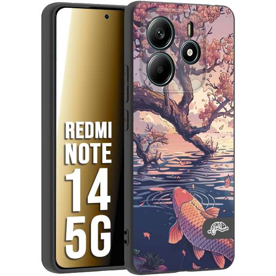 CUSTOMIZZA - Custodia cover nera morbida in tpu compatibile per Xiaomi Redmi Note 14 5G giapponese lago carpa koi rosa con foglie d'acero disegnata tattoo