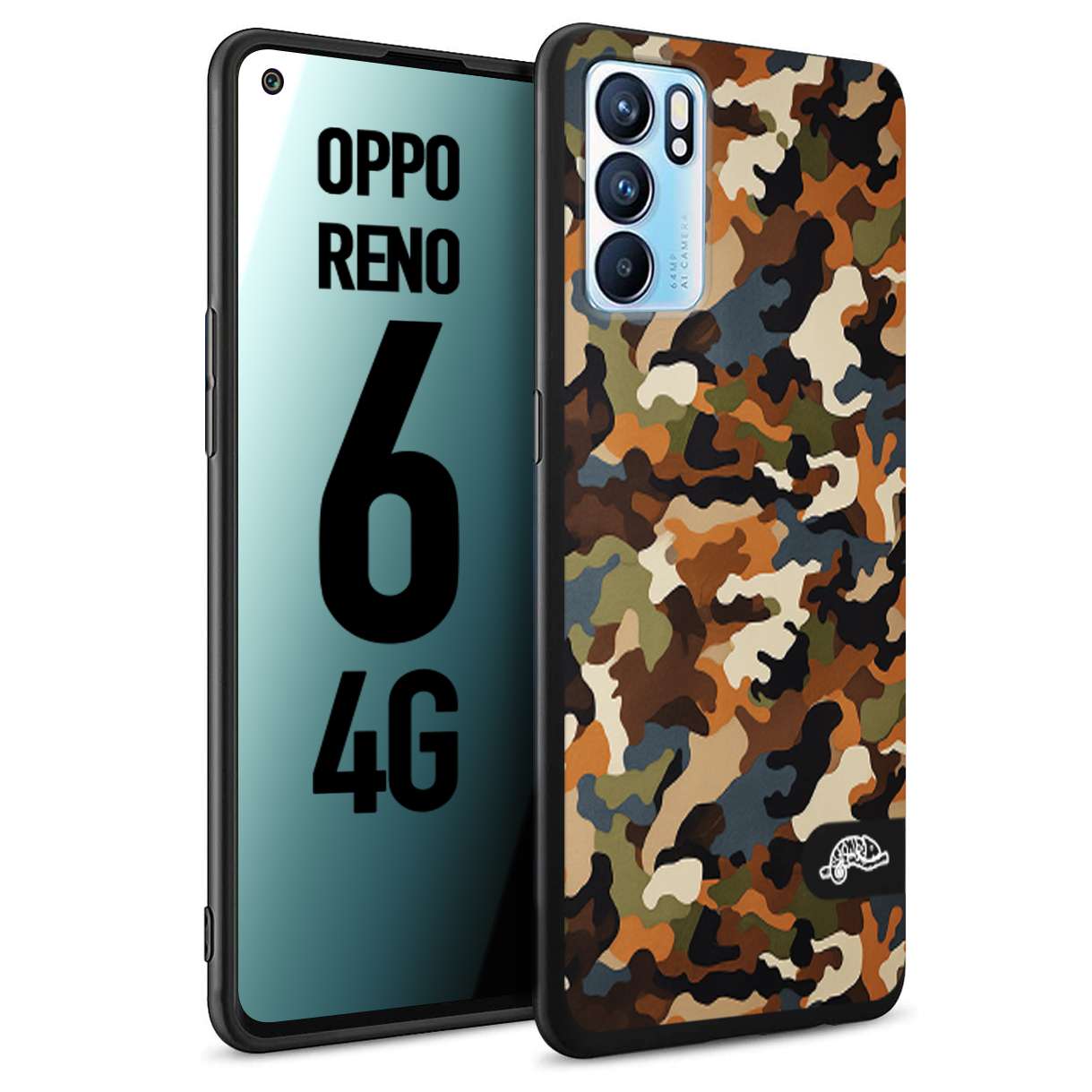 CUSTOMIZZA - Custodia cover nera morbida in tpu compatibile per Oppo Reno 6 4G camouflage mimetico militare moderno blu marrone beige