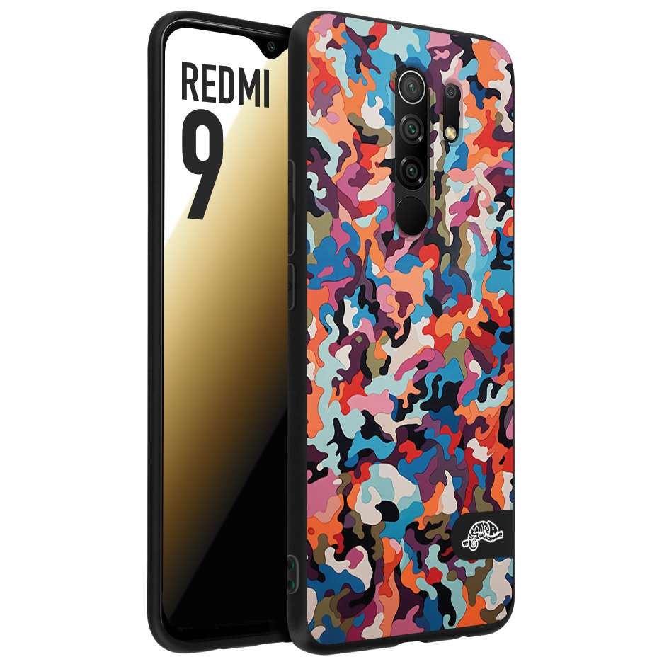 CUSTOMIZZA - Custodia cover nera morbida in tpu compatibile per Xiaomi Redmi 9 camouflage mimetico militare moderno blu arancio rosa