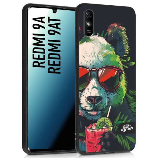 CUSTOMIZZA - Custodia cover nera morbida in tpu compatibile per Xiaomi Redmi 9A - 9AT estate disegnata cocktails animali simpatici panda mojito