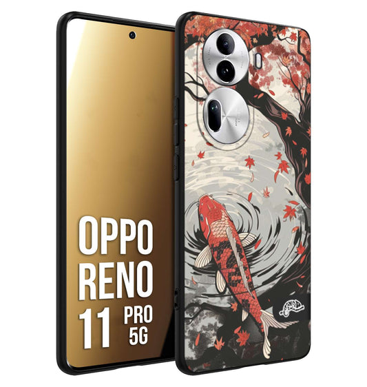 CUSTOMIZZA - Custodia cover nera morbida in tpu compatibile per Oppo Reno 11 PRO 5G giapponese lago carpa koi rossa con foglie d'acero rosso disegnata tattoo