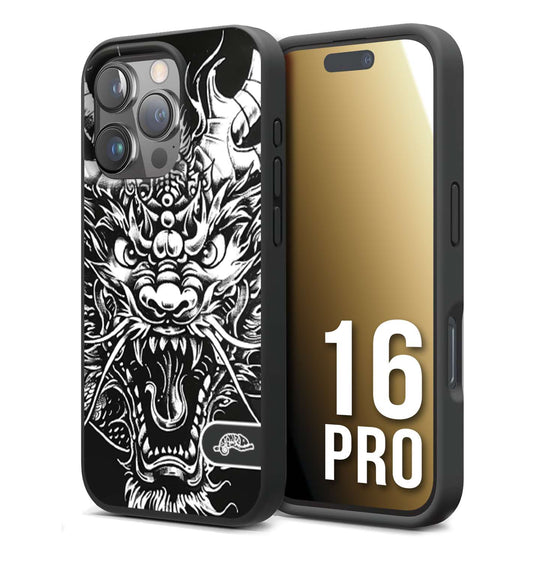 CUSTOMIZZA - Custodia cover nera morbida in tpu compatibile per iPhone 16 PRO drago black and white bianco a rilievo disegnato tattoo tatuaggio