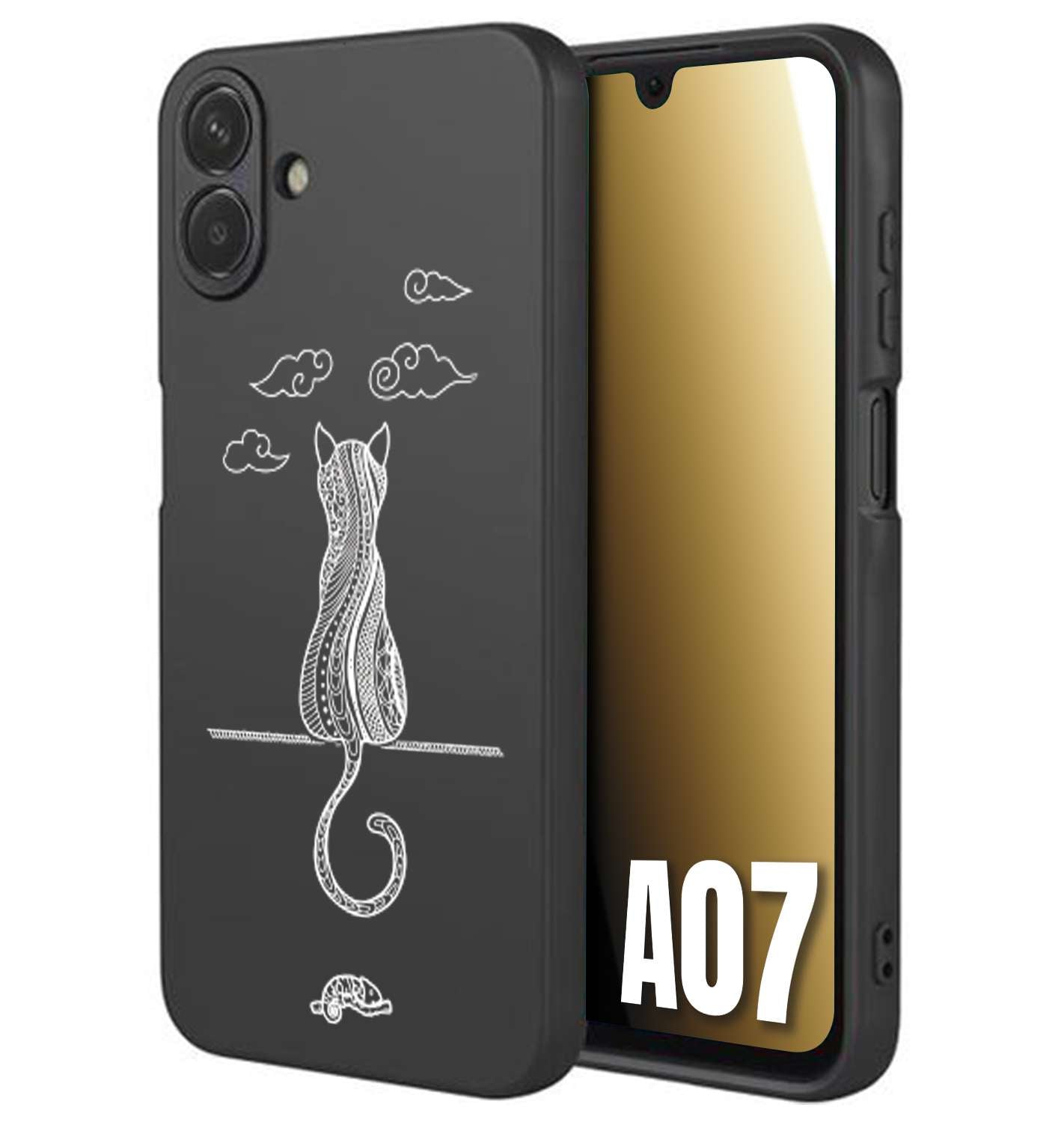 CUSTOMIZZA - Custodia cover nera morbida in tpu compatibile per Samsung A07 gatto mandala stilizzato gattino a rilievo soft touch donna bianca